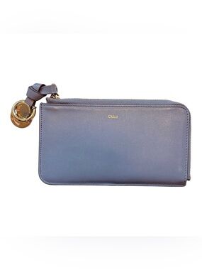 Chloe Alphabet Wallet Card Holder smooth blue gray leather gold hardware C charm